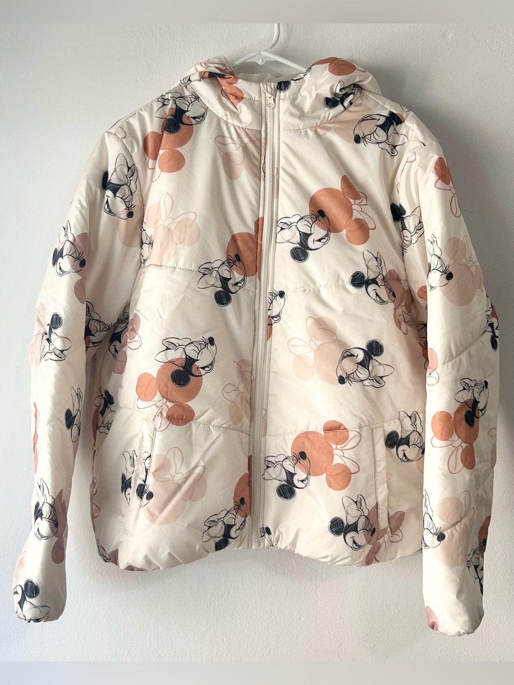 Women’s Minnie Mouse Cream Puffer Jacket Size XL Disney Neutral Hooded Adult NWT